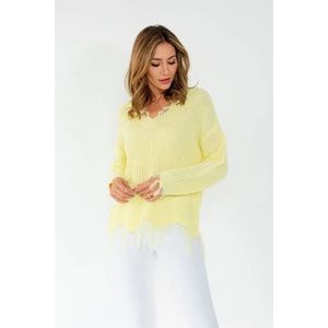 Miracle Yellow Distressed V Neck Knit Sweater Raw Hem